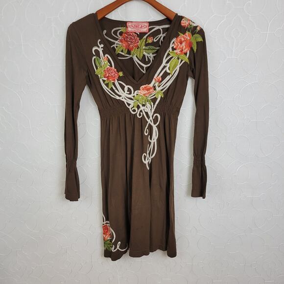 Johnny Was LA Dress Womens XS Brown Floral Embroidered Applique‎ Babydoll V-Neck - Picture 3 of 6
